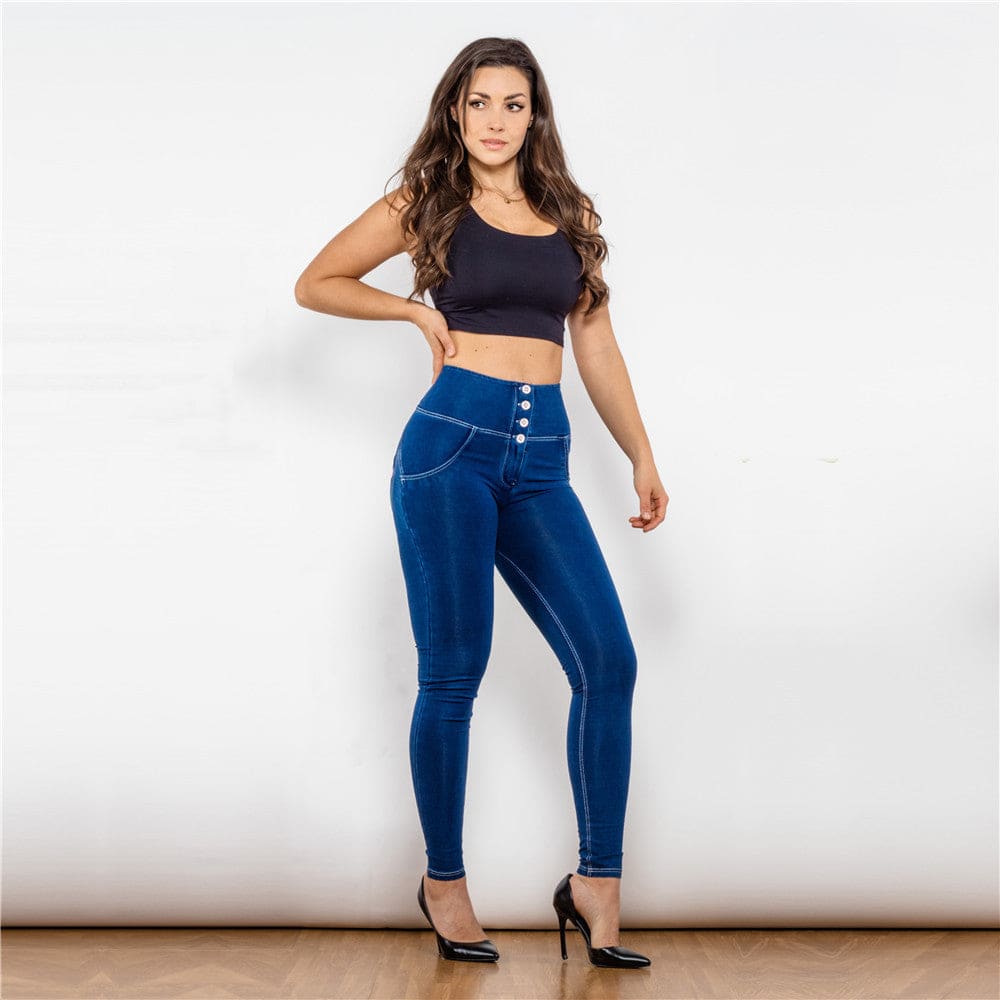 High Waist Push Up Effect Lifting Stretch Button Up Skinny Jeans