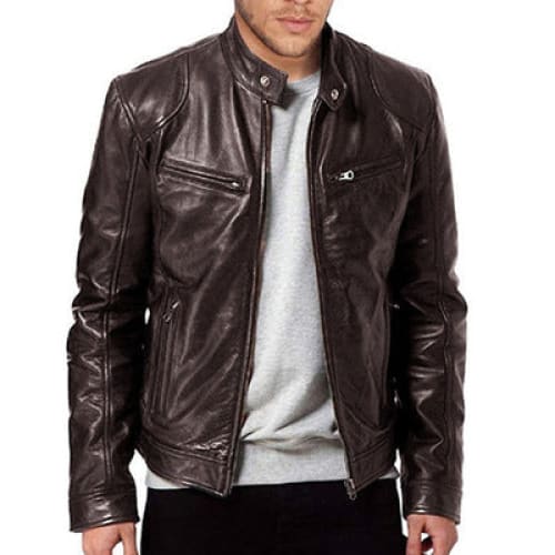 Men Zip Up Multi - pocket Pu Leather Moto Jacket