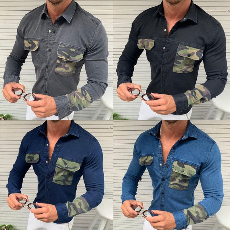 Men Camo Print Pocket Denim Buttoned Shirt