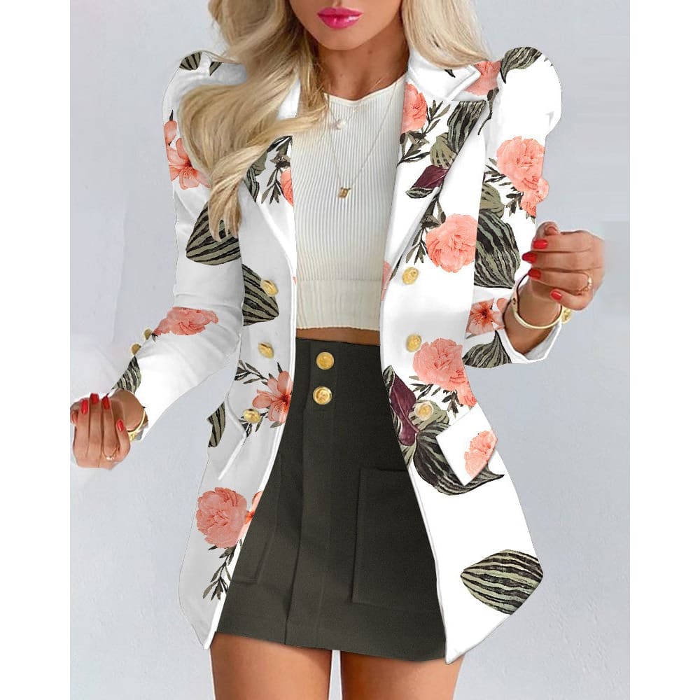 2pcs Lapel Collar Side Flap Pocket Blazer & Front Pockets Mini Skirt