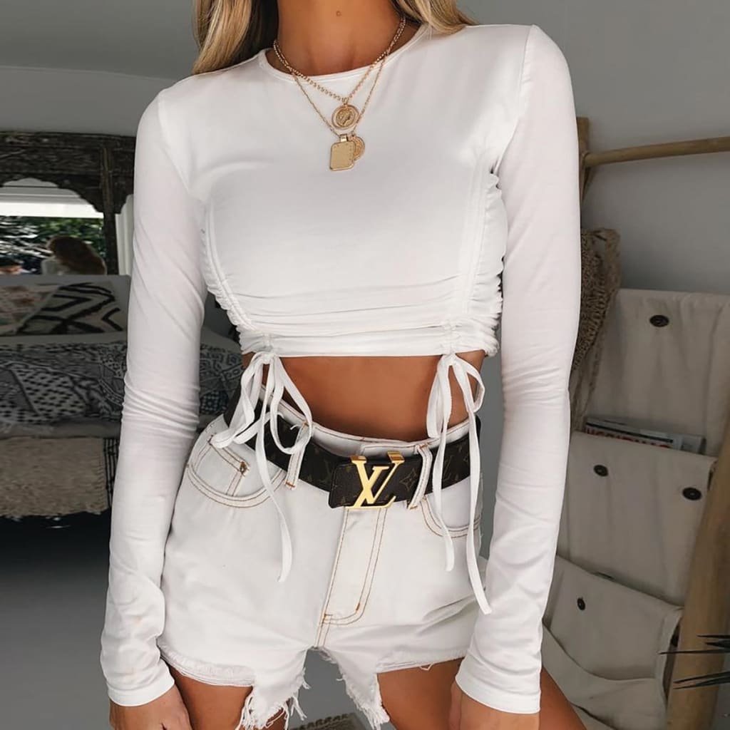 Drawstring Ruched Side Long Sleeve Crop Top