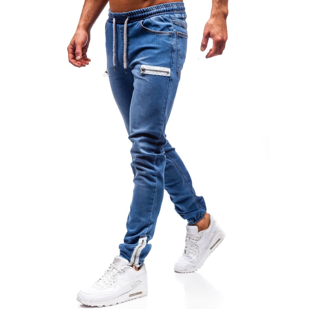 Men Drawstring Zipped Pocket Sports Skinny Jeans