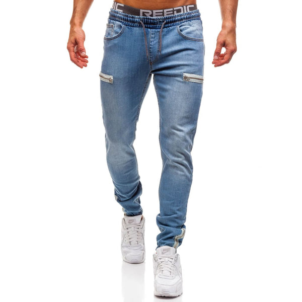Men Drawstring Zipped Pocket Sports Skinny Jeans