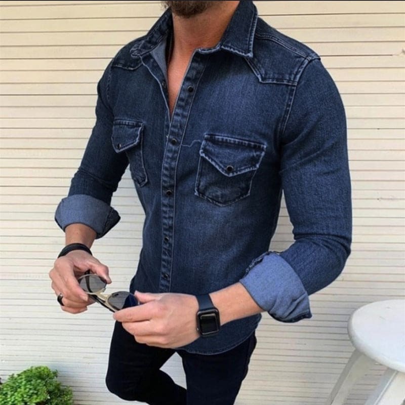 Men Flap Pocket Button Up Shoulder Pattern Denim Shirt