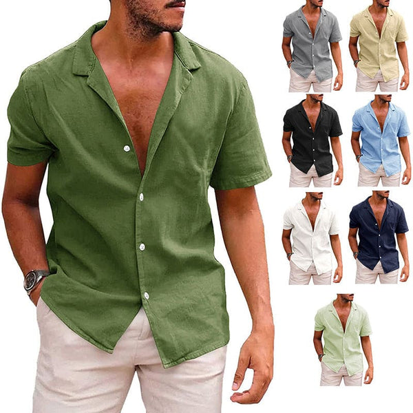 Men Lapel Collar Button Up Linen Short Sleeve Shirt