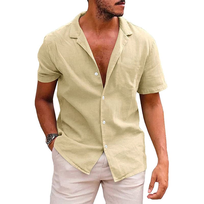 Men Lapel Collar Button Up Linen Short Sleeve Shirt