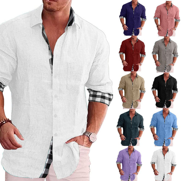 Men Lapel Collar Contrast Plaid Border Solid Button Up Shirt