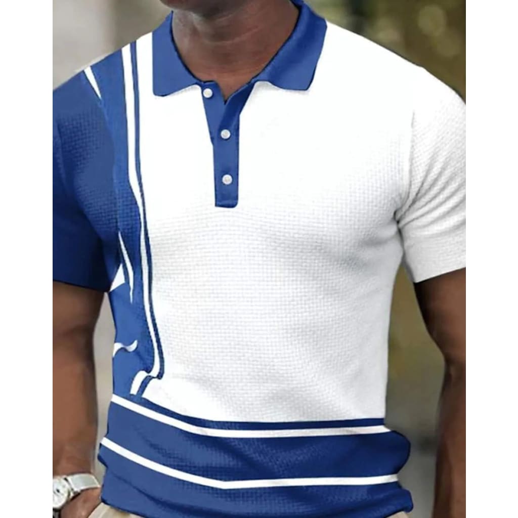 Men Buttoned Lapel Collar Contrast Stripe Print Polo Shirt