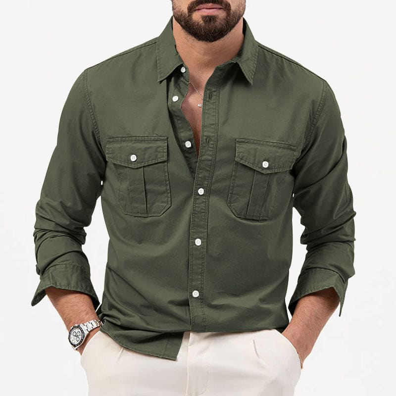 Men Lapel Collar Front Flap Pocket Long Sleeve Shirt