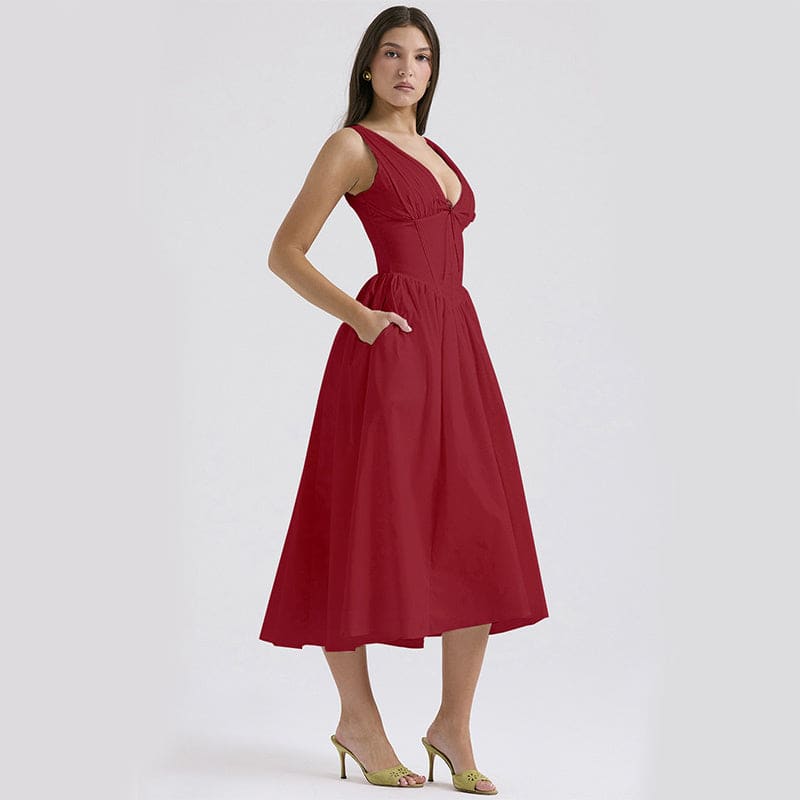 Plunging V-neck Cinched Waist Side Pocket Pleated A-line Bustier Dress