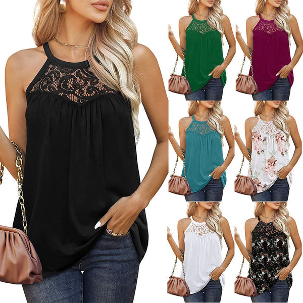 Round Neck Contrast Guipure Lace Halter Loose Fit Top