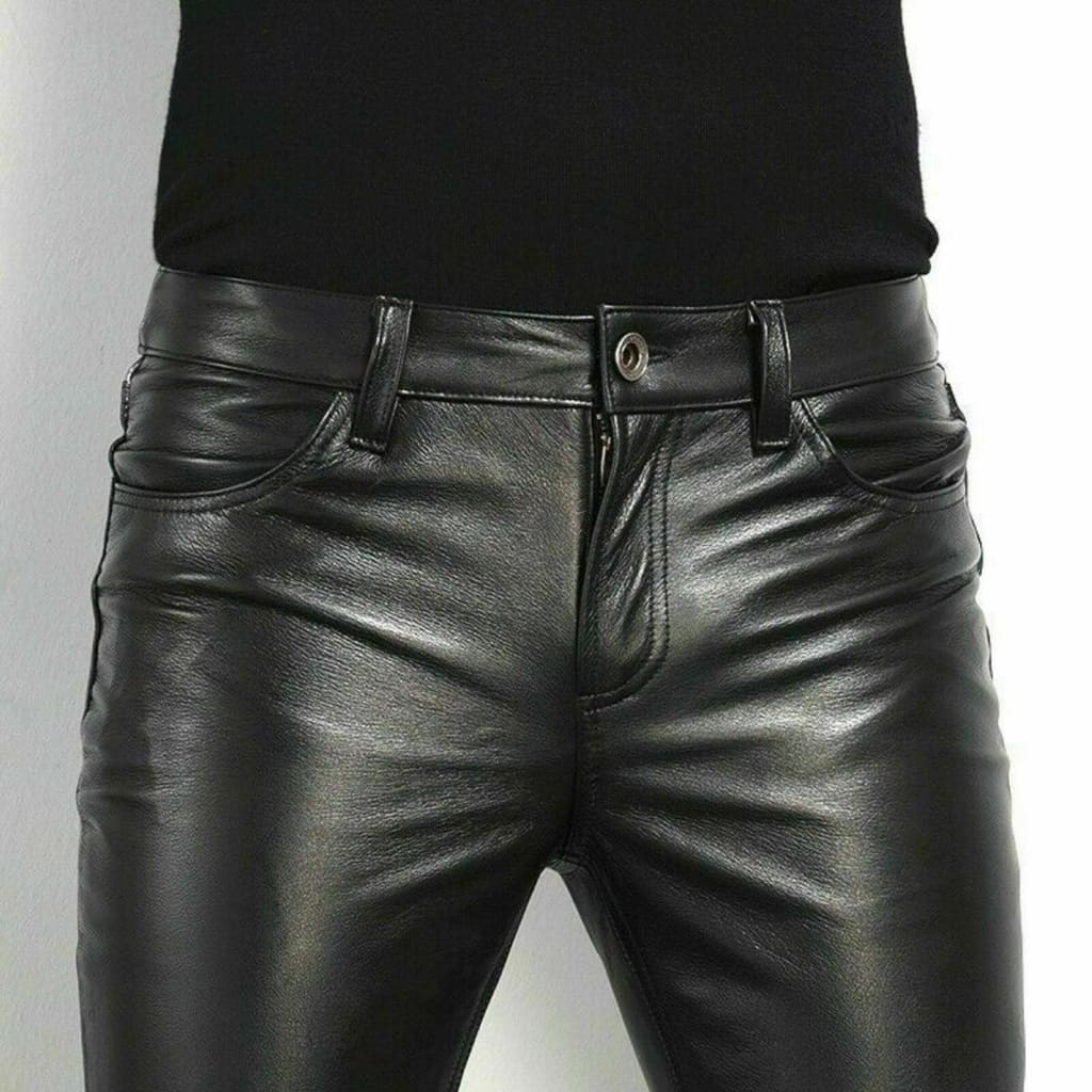 Men Side Slant Pocket Pu Leather Slim Fit Pants