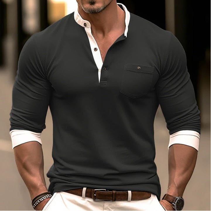 Stand-up Buttoned Collar Front Pocket Contrast Hem Shirt