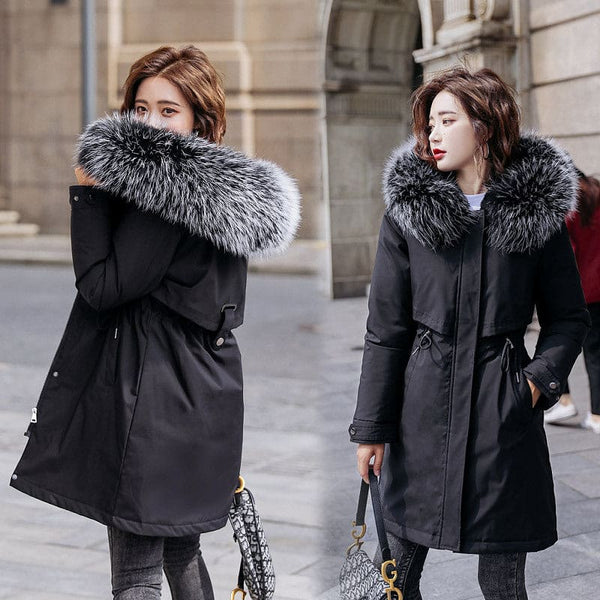 Zip Up Faux Fur Trim Hooded Thermal Lined Winter Parka Coat