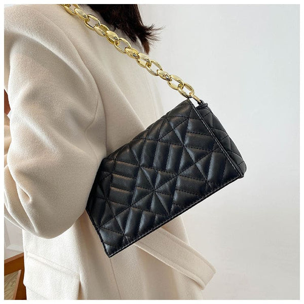 Geometric Plaid Quilted Thick Chain Flap Square Shoulder Bag