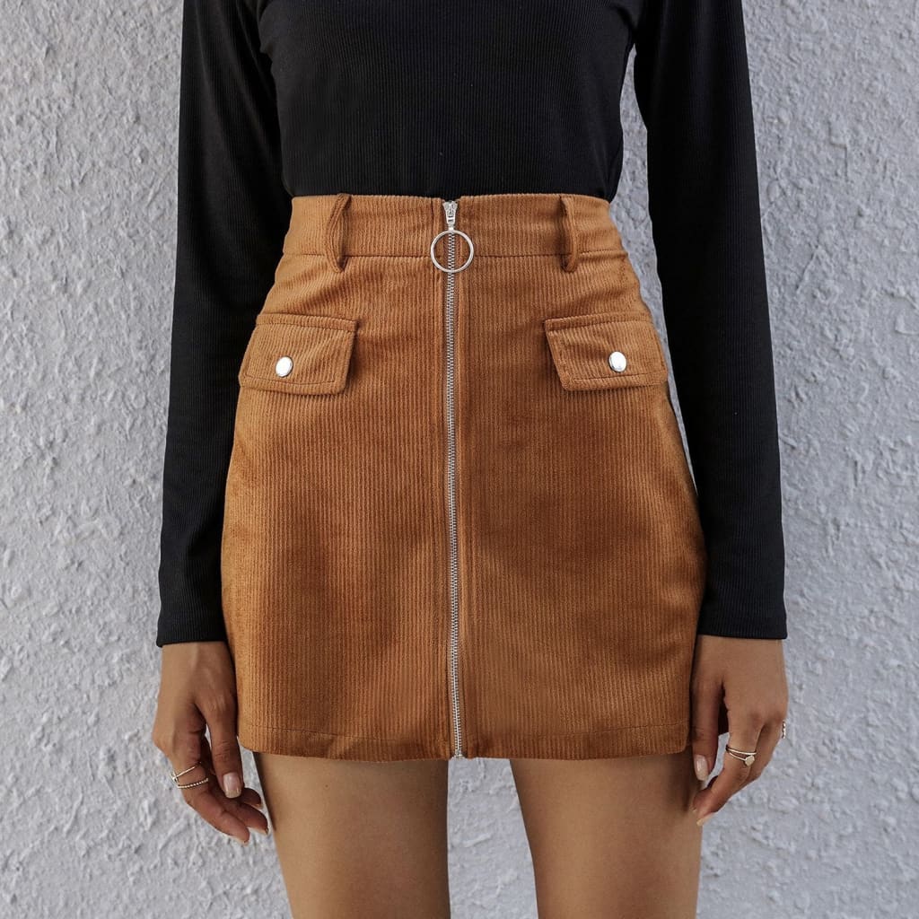 High Waist Flap Pocket Front Zip Up Corduroy Belted Skirt