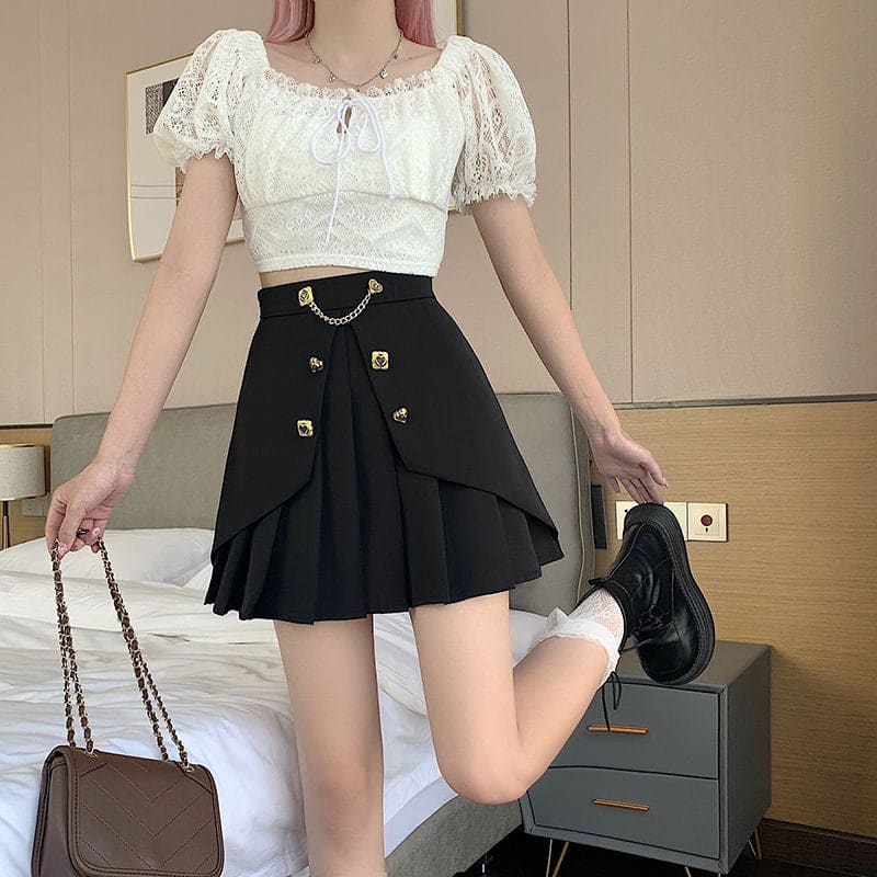 High Waist A-line Front Button Pattern Pleated Mini Skirt