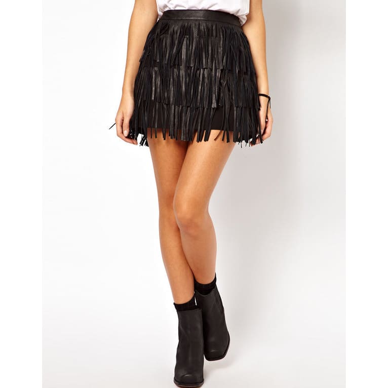 High Waist A-line Pu Leather Fringe Skirt