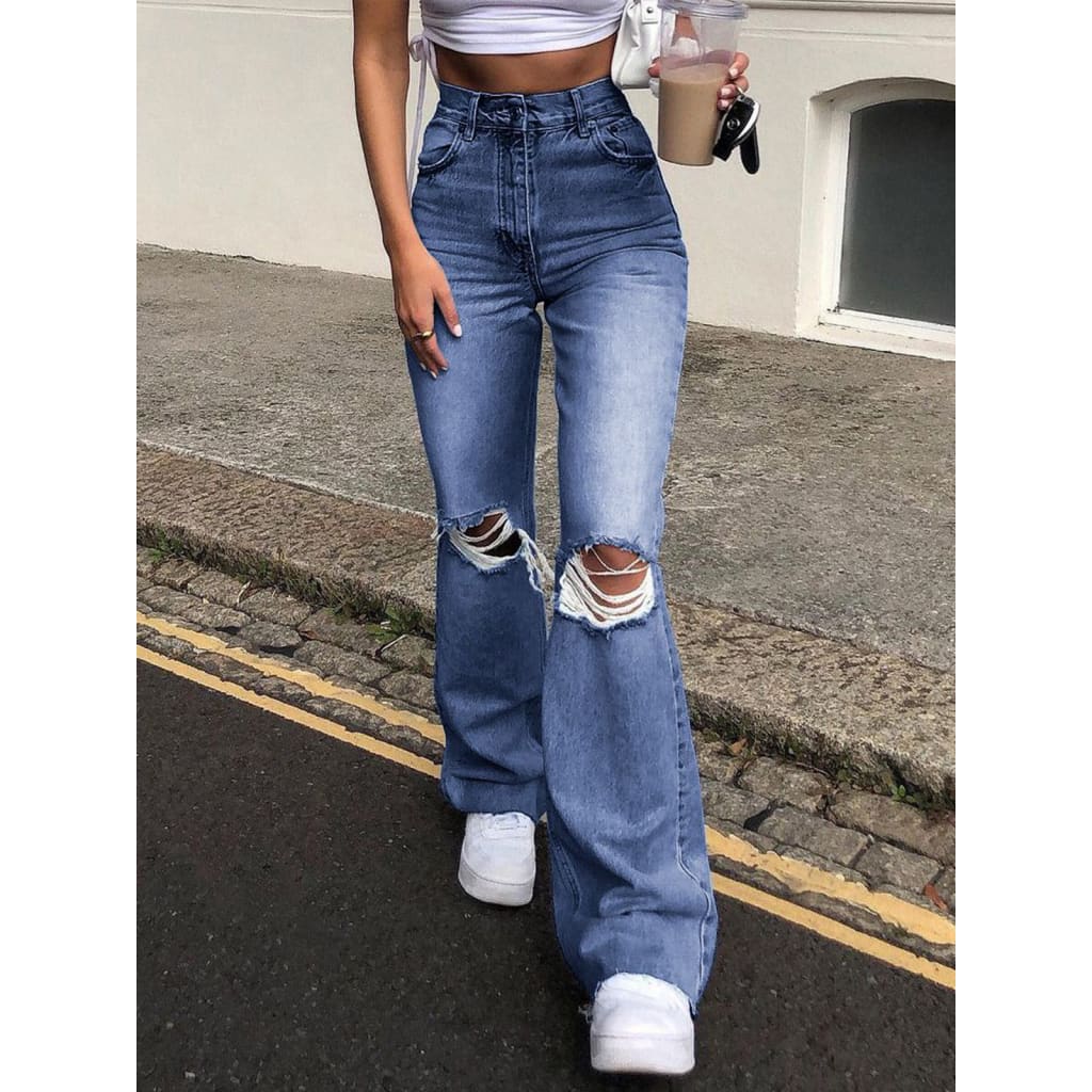 High Waist Slant Pocket Ripped Bootcut Washed Jeans