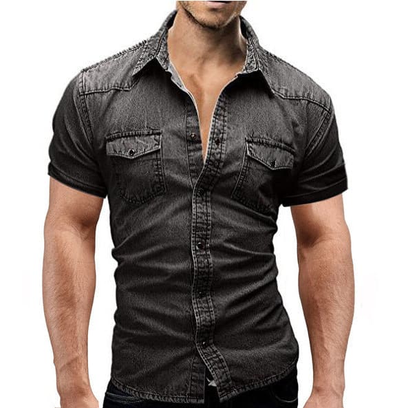 Men Lapel Collar Flap Pocket Buttoned Denim Shirt