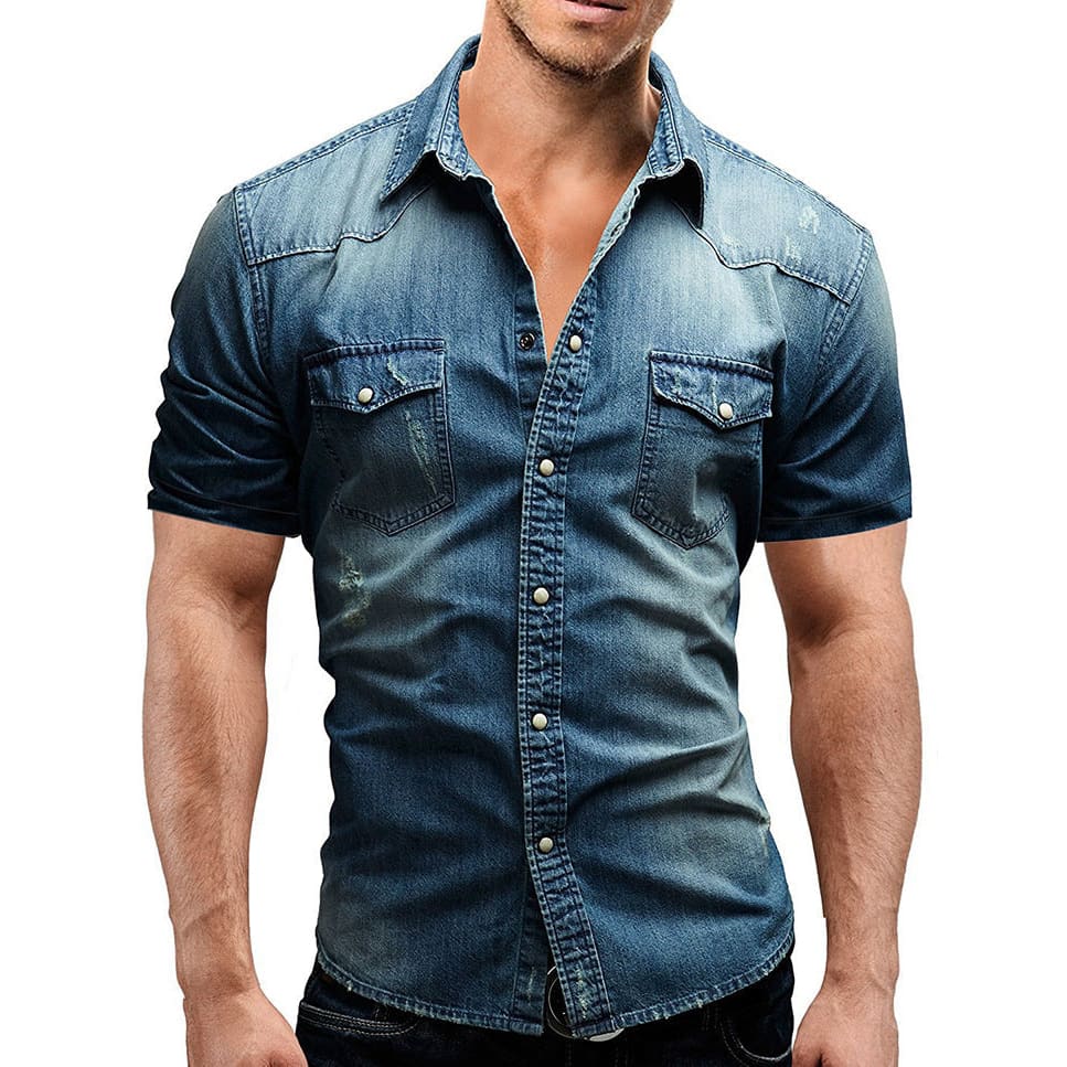 Men Lapel Collar Flap Pocket Buttoned Denim Shirt