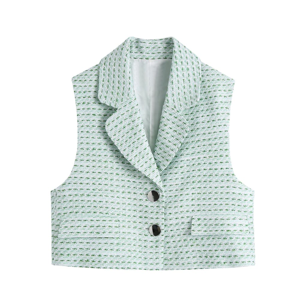 Lapel Collar Plaid Tweed Blazer & Vest & Pleated Skirt Set