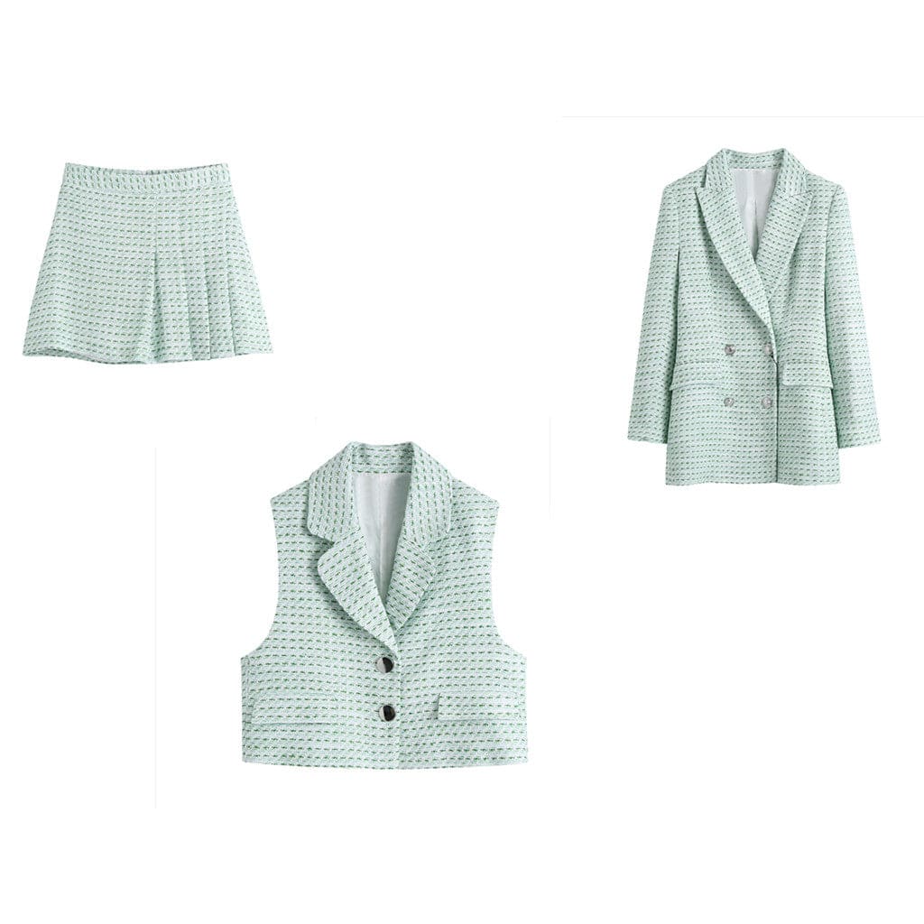 Lapel Collar Plaid Tweed Blazer & Vest & Pleated Skirt Set