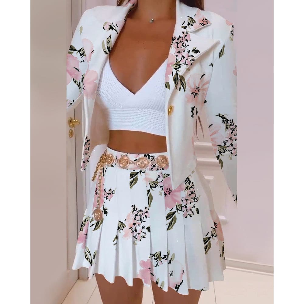 Lapel Collar Single Breasted Crop Blazer & Pleated Mini Skirt