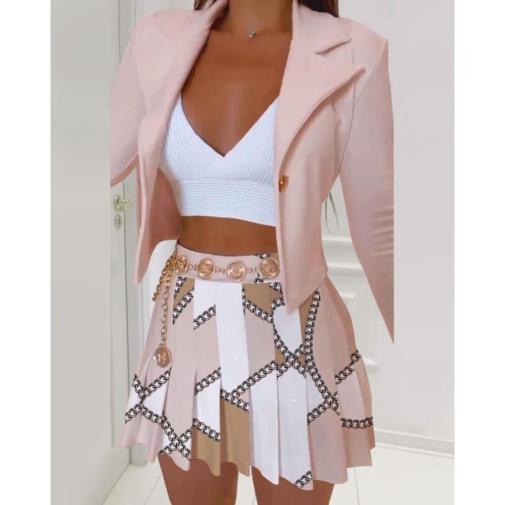 Lapel Collar Single Breasted Crop Blazer & Pleated Mini Skirt
