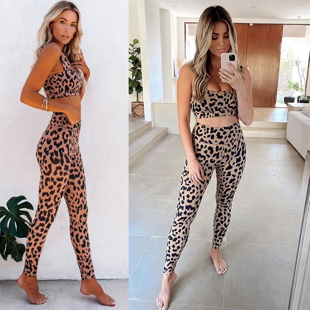 Leopard Print Crop Top & High Waist Leggings Sports Set