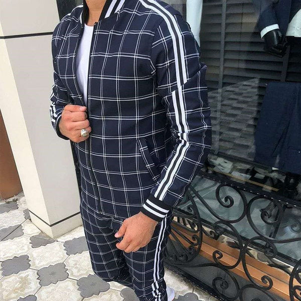 Men’s Plaid Pattern Side Stripe Bomber Jacket & Pants Sweatsuit