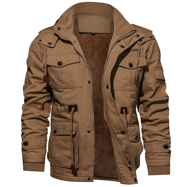 Men Zip Up Multi-pocket Drawstring Thermal Military Winter Hooded Coat