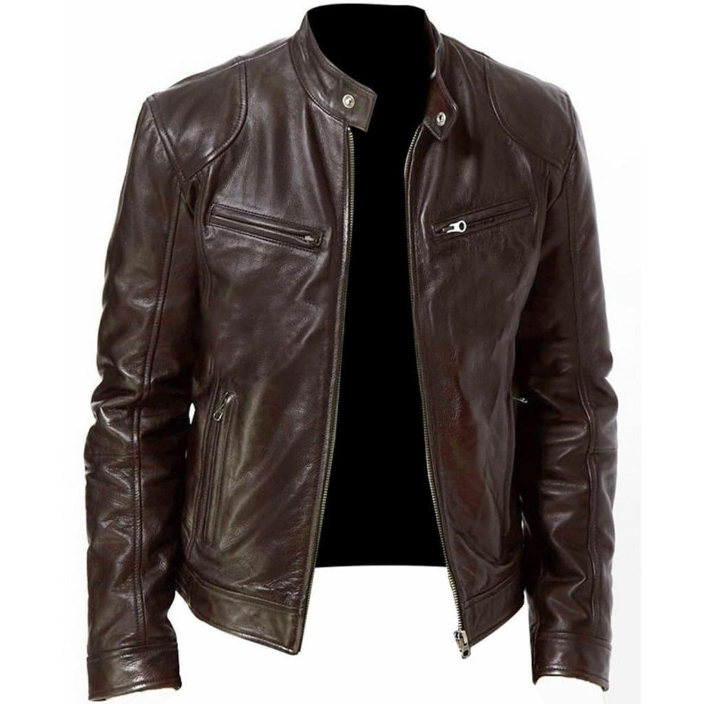 Men Zip Up Multi-pocket Pu Leather Moto Jacket