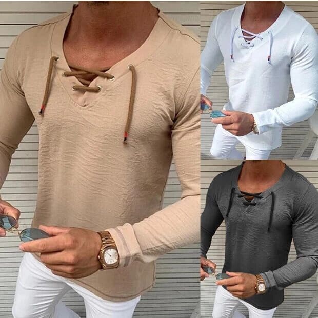 Men V - neck Criss Cross Lace Up Long Sleeve Shirt