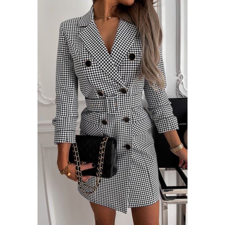 Plaid Print Double Breasted Long Sleeve Belted Blazer Dress