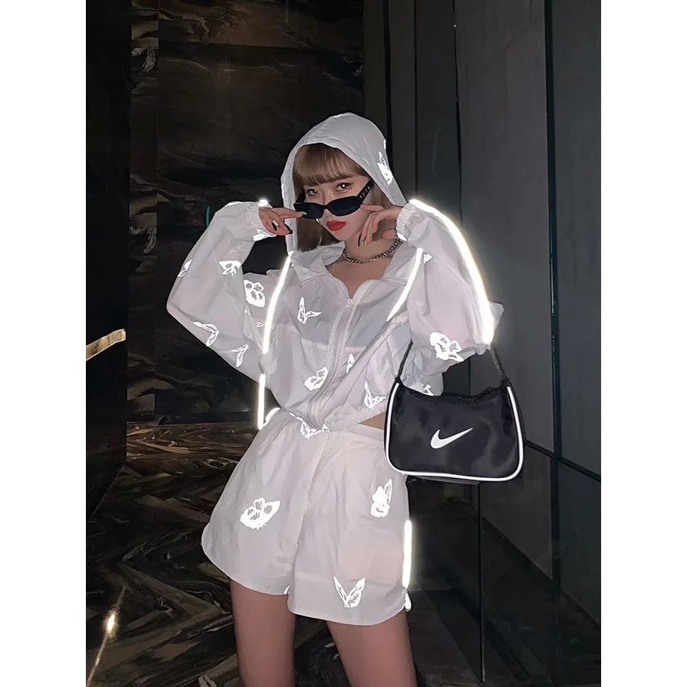 Reflective Butterfly Print Zip Up Drawstring Hoodie & Shorts Set