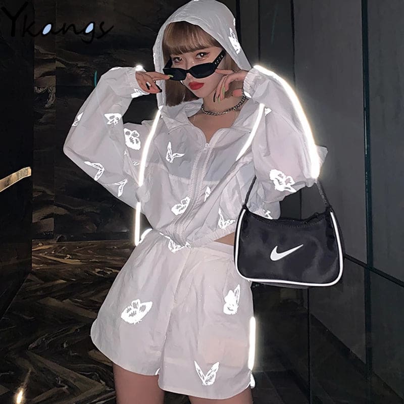 Reflective Butterfly Print Zip Up Drawstring Hoodie & Shorts Set