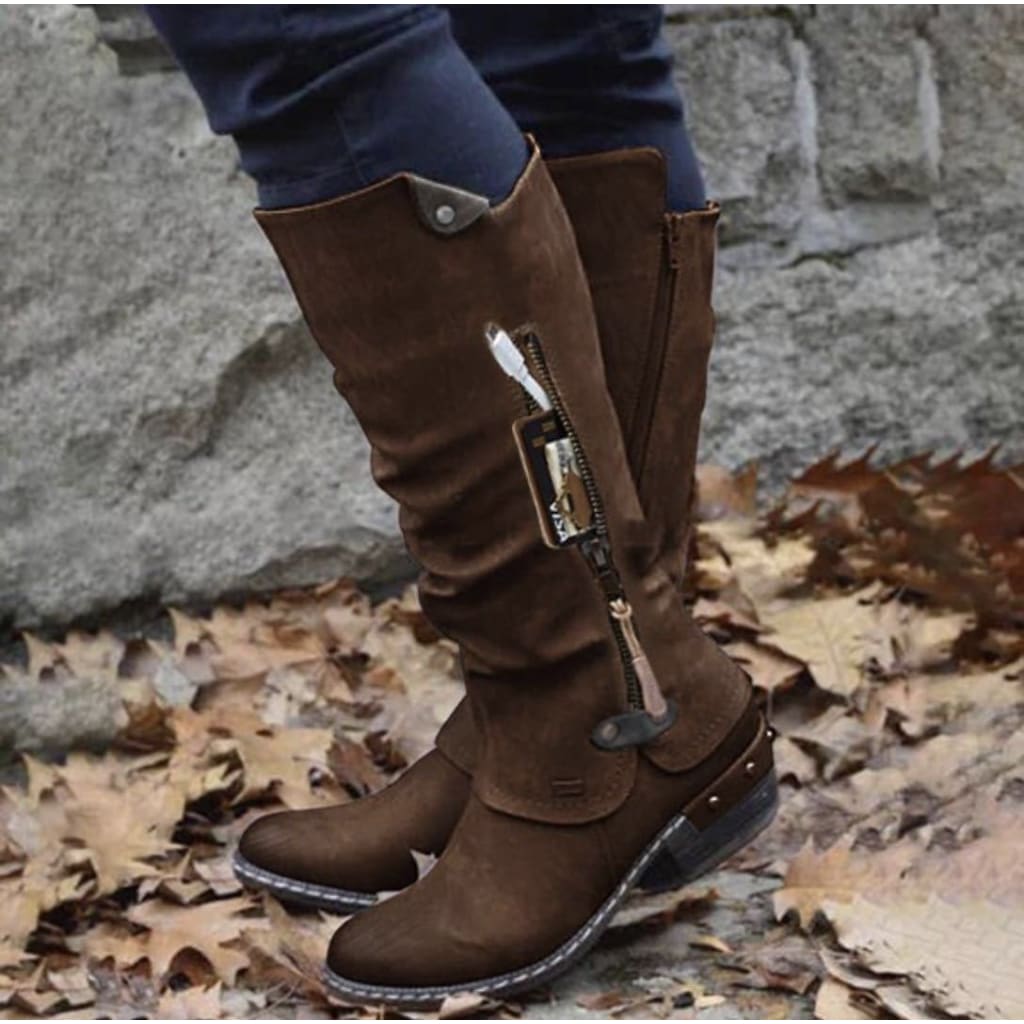 Side Zip Pocket Pu Leather Chunky Heeled Western Boots