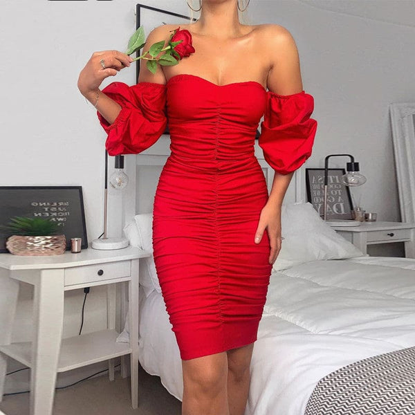 Sweetheart Bustier Off Shoulder Puff Sleeve Ruched Bodycon Dress