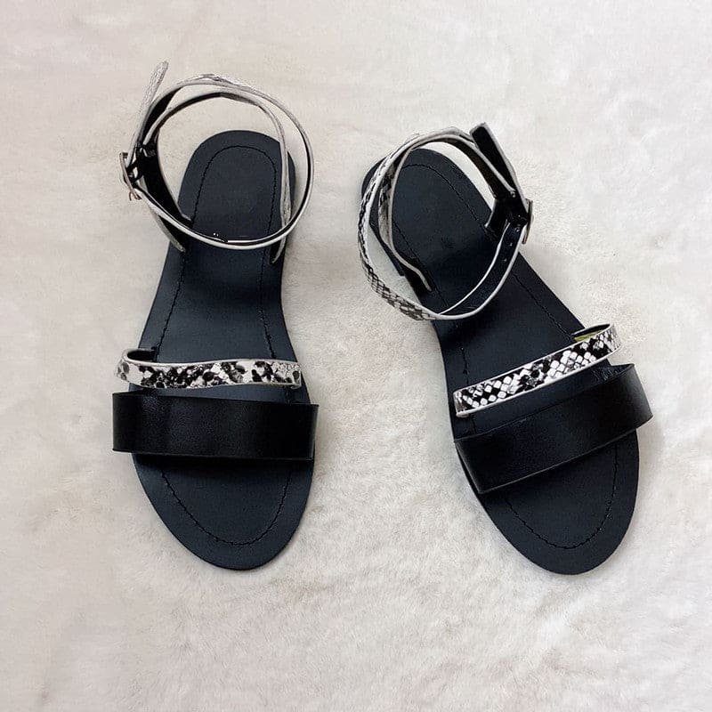 Two Tone Faux Leather Buckle Ankle Flat Sandals